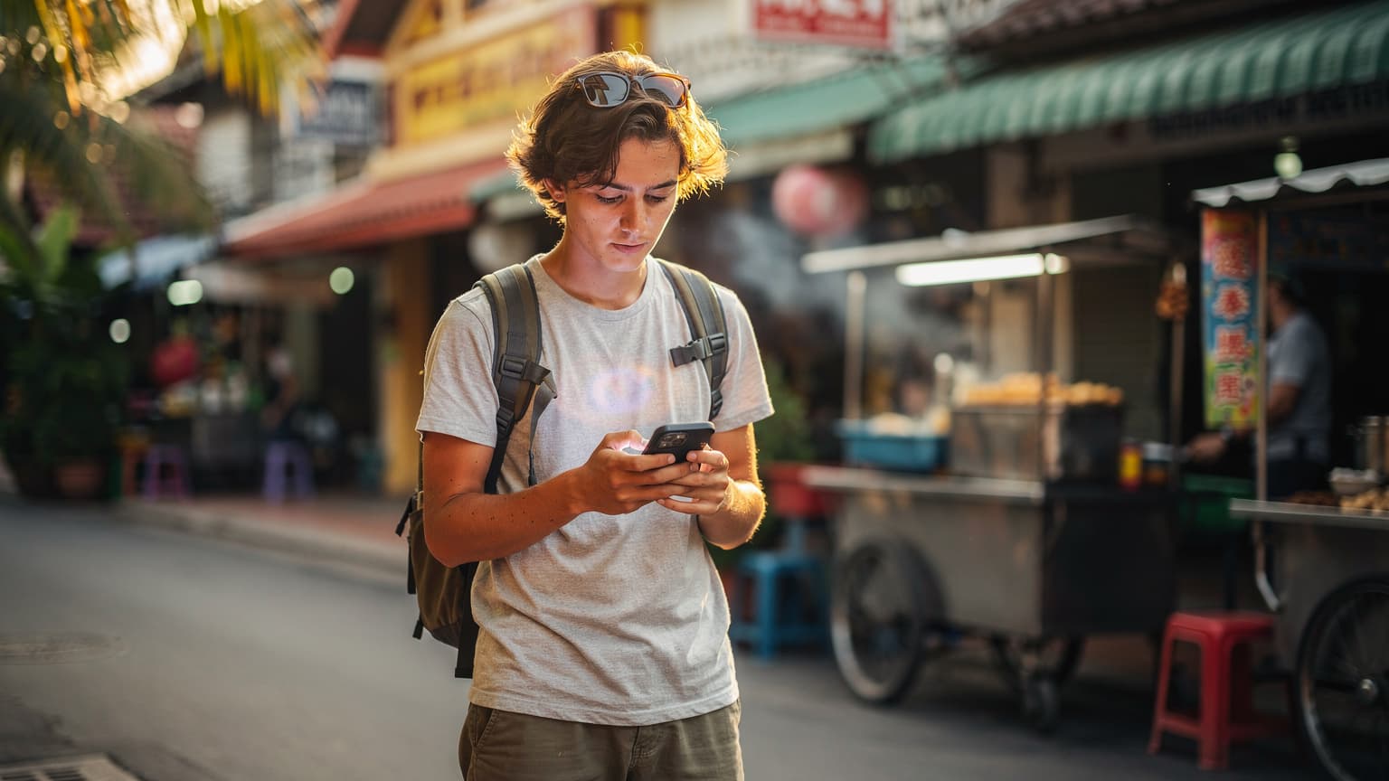 A cinematic 16:9 photorealistic image of a traveler looking at a smartphone in a vibrant, sunlit street in Thailand, with blurred Thai architecture and tropical foliage in the background, symbolizing the intersection of travel and digital connectivity.