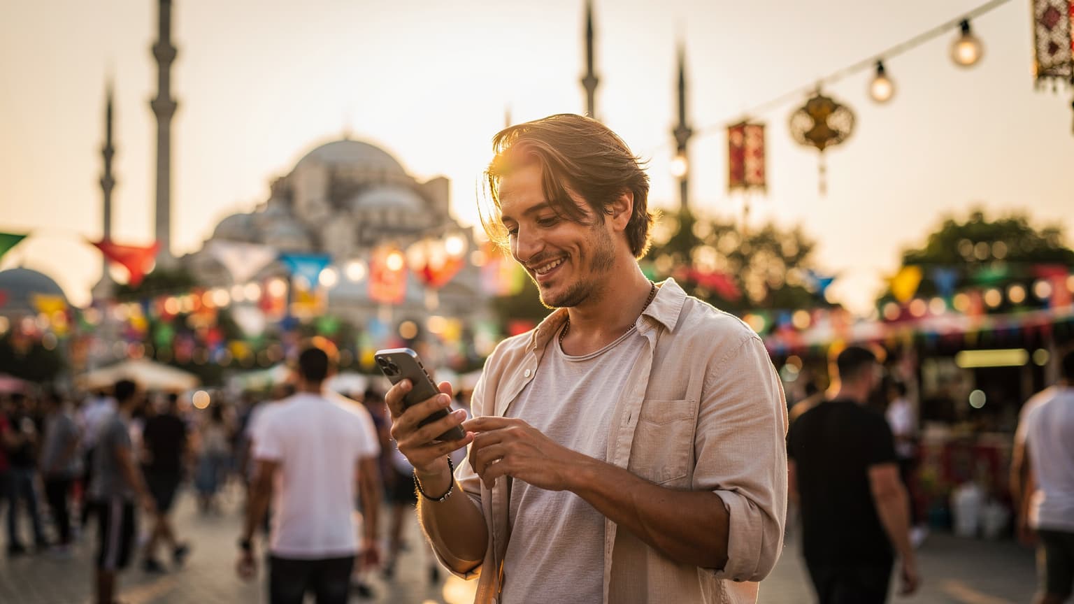 A person using a smartphone at the Great Istanbul Festival, with iconic Istanbul landmarks and a festival crowd in the blurred background, emphasizing seamless travel connectivity.