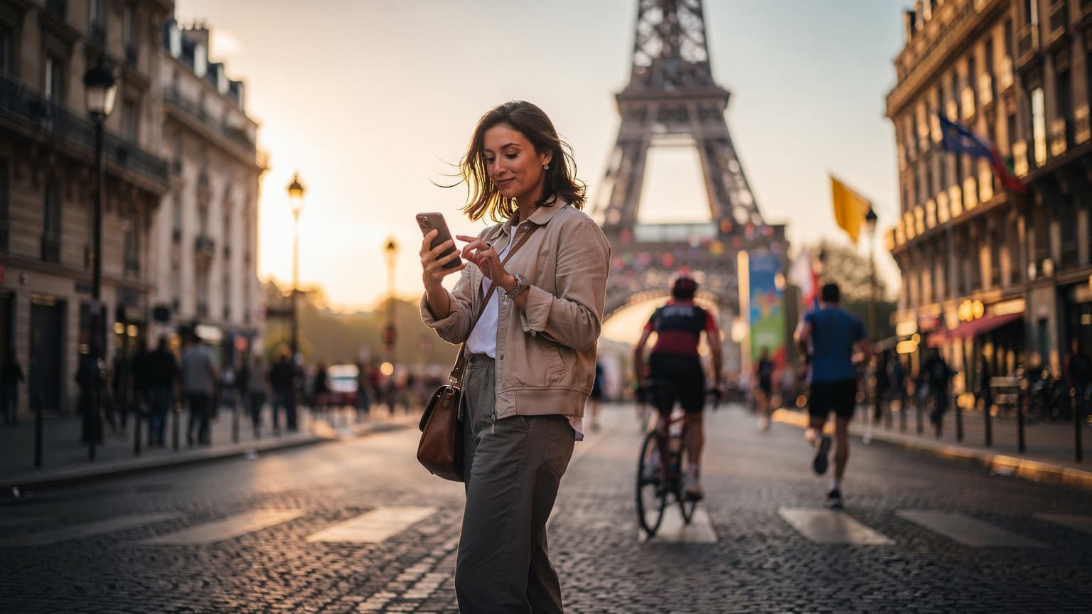 A photorealistic image of a traveler looking at a smartphone in Paris, with the Eiffel Tower in the background, symbolizing effortless connectivity during the Olympic Games.