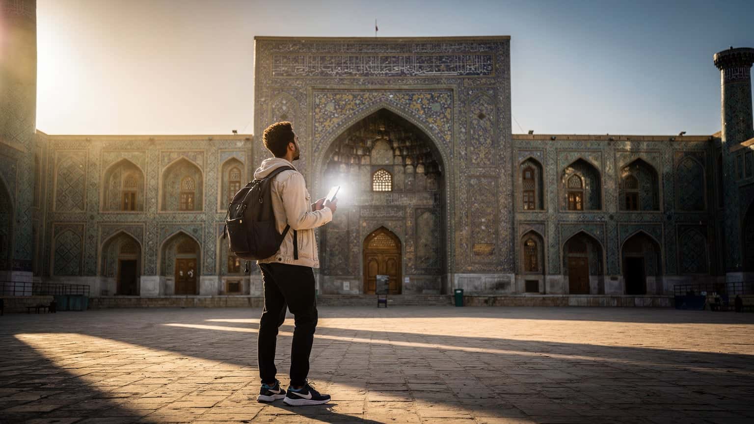 A cinematic photo of a traveler using a smartphone in front of the historic Registan Square in Samarkand, Uzbekistan, at golden hour, symbolizing modern connectivity in an ancient Silk Road setting.