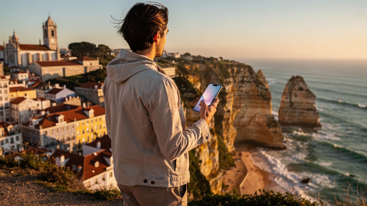 A wide, cinematic photo shows a traveler holding a smartphone at a scenic overlook in Portugal. The background blends the historic red rooftops of Lisbon or Porto with the dramatic golden cliffs and turquoise sea of the Algarve coast, all bathed in warm golden hour light.