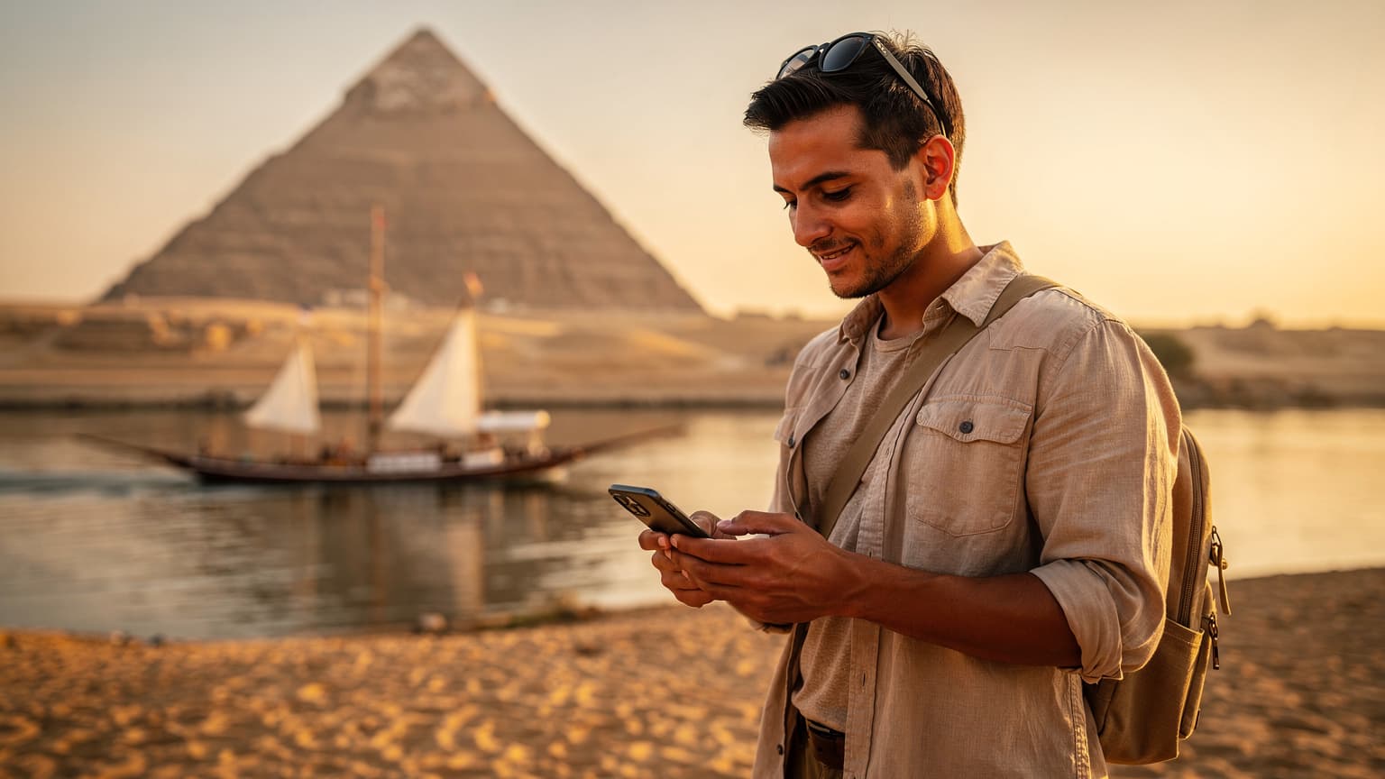 A person holding a smartphone and smiling in an iconic Egyptian landscape, symbolizing easy and affordable travel connectivity.