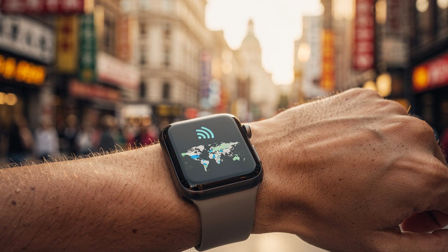 A modern smartwatch on a wrist, displaying a strong cellular signal or map icon, set against a blurred background of an international city at sunset, symbolizing global travel and connectivity.