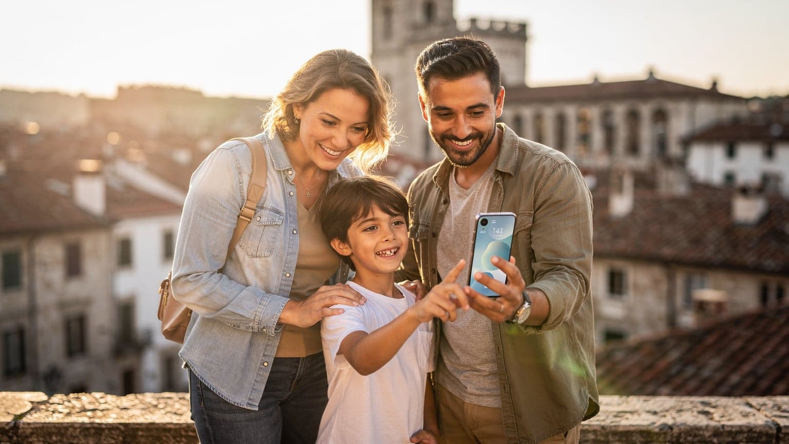 A modern family on vacation, one parent using a smartphone in a scenic European city square, representing seamless travel connectivity with eSIM.