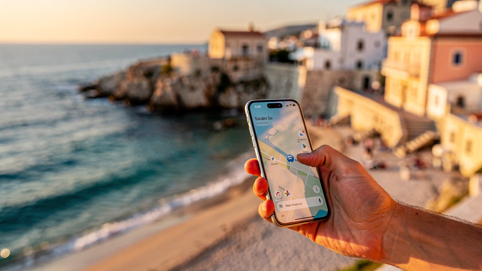 A person's hand holding a smartphone against a blurred but scenic backdrop of a sunny European coast with blue water and white buildings, representing seamless travel and connectivity.