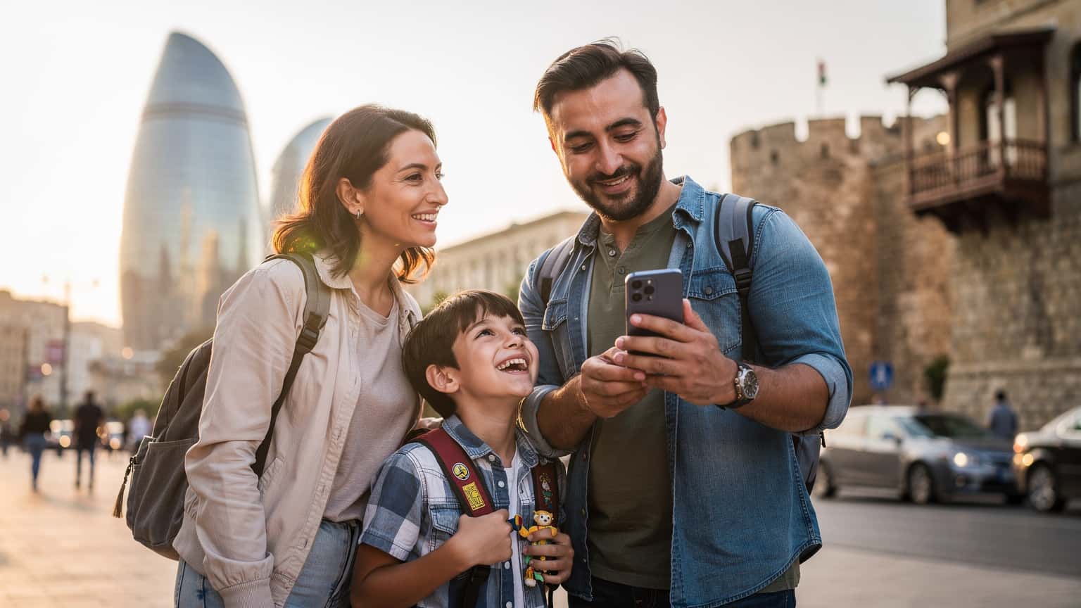 A diverse family of three in Baku, Azerbaijan, with one parent subtly holding a smartphone, symbolizing seamless travel and connectivity. Iconic Baku architecture is blurred in the background.