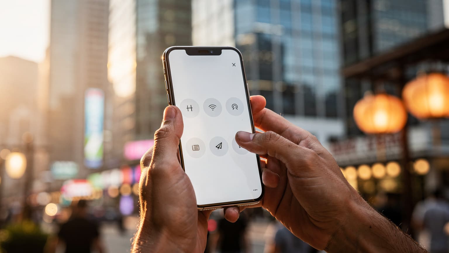 Hands holding a modern iPhone against a blurred, vibrant Hong Kong cityscape at golden hour, symbolizing mobile technology and travel connectivity.