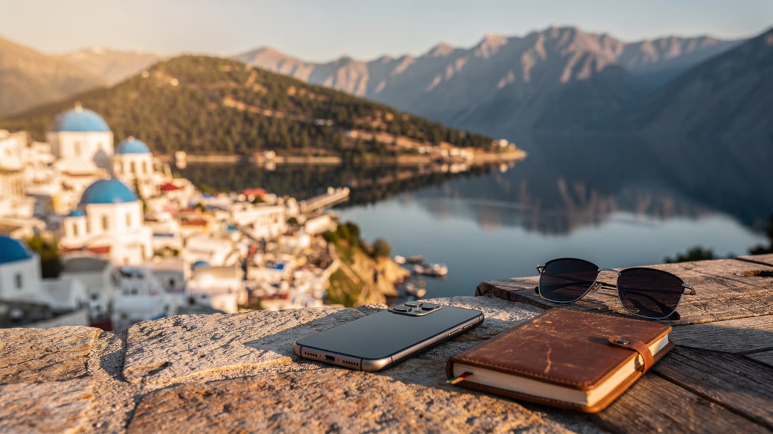 A high-quality photo showing a modern smartphone resting on a natural surface, overlooking a stunning panoramic view of either a Greek island with blue sea and white buildings, or a serene mountain lake in North Macedonia, illuminated by cinematic golden hour light.