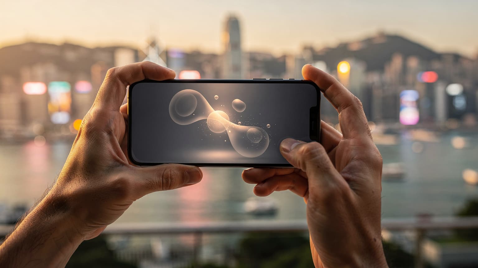 A person's hands holding a smartphone in the foreground, with the iconic Hong Kong skyline blurred in the background during golden hour, suggesting modern travel and technology.