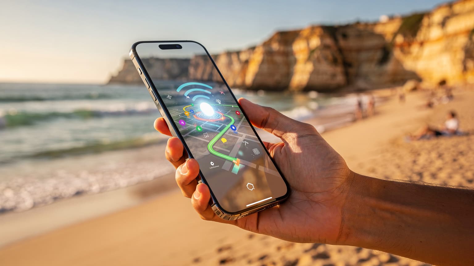 A hand holding a futuristic smartphone with a strong network signal against a beautiful, sun-drenched Portuguese beach with turquoise water and distant cliffs.