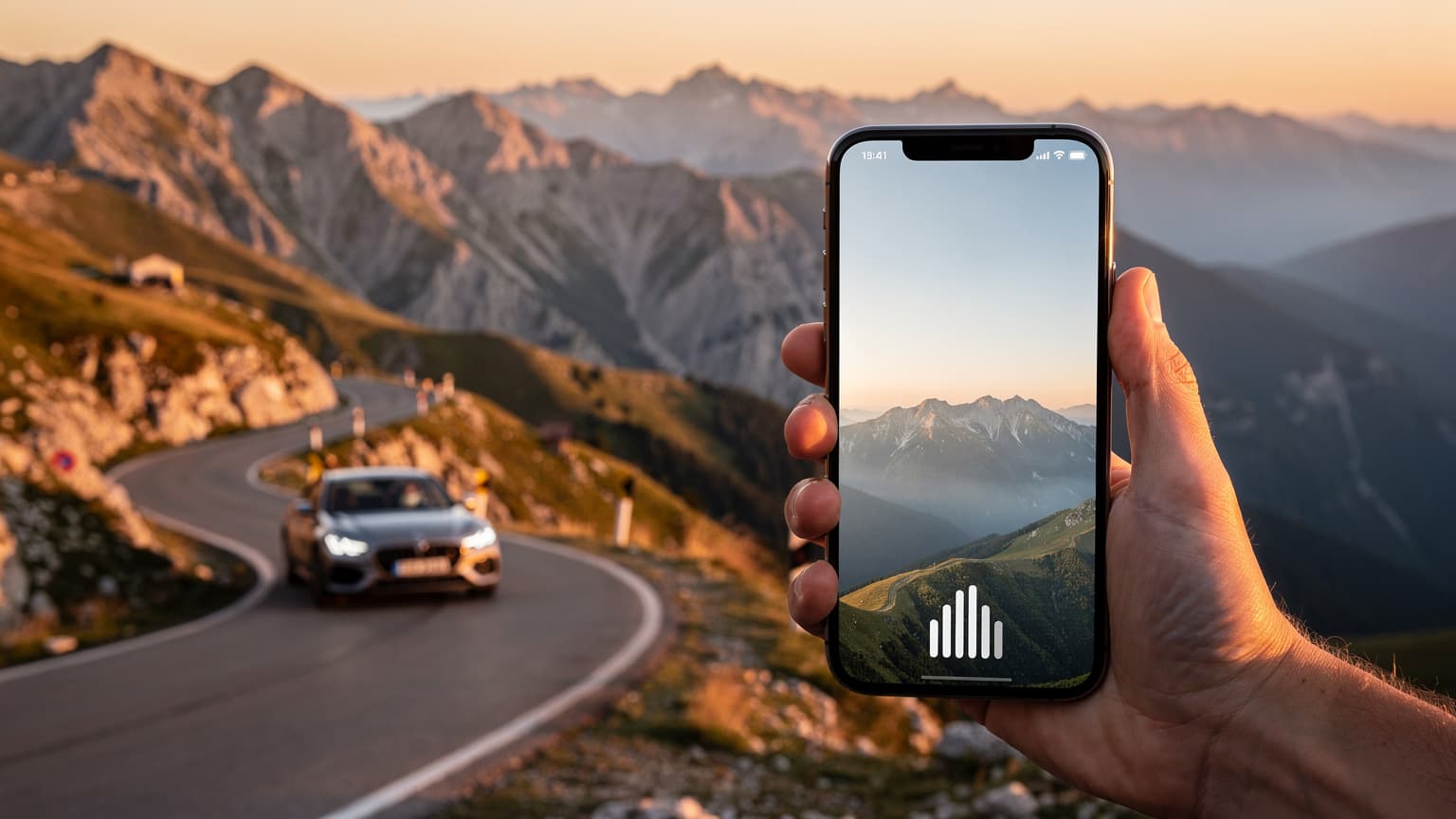 A close-up of a hand holding a modern smartphone, displaying a full signal, set against a blurred but scenic backdrop of the Balkan mountains and a winding road at sunset. The image conveys seamless connectivity during a road trip.