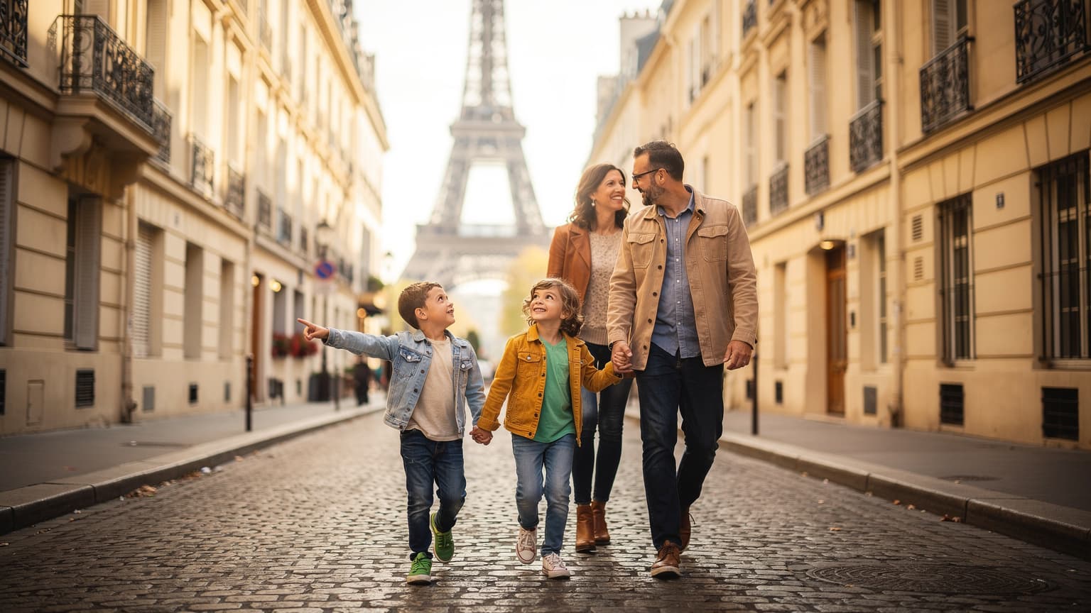 A happy family with two children walking on a charming Parisian street, with the Eiffel Tower visible in the background, under warm natural light.