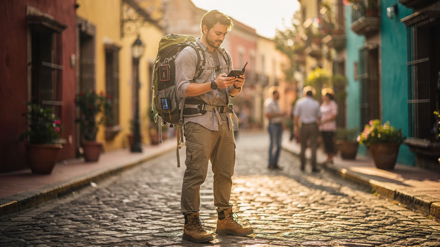 A photorealistic editorial hero image depicting a solo backpacker in a vibrant, sun-drenched colonial Mexican town, holding and looking at a modern communication device, symbolizing safety and connectivity for adventure travel.