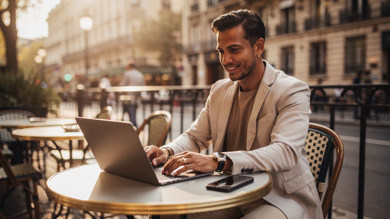 A photorealistic, cinematic wide shot showing a digital nomad working on a laptop at an outdoor cafe in Paris during golden hour. The person, in their early 30s, is focused on their work, with a smartphone nearby. Blurred Parisian architecture is in the background. The image evokes a sense of modern travel, technology, and security.