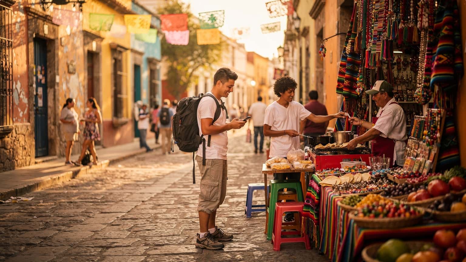 A cinematic, photorealistic image of a young budget traveler enjoying a vibrant Mexican street food scene under natural golden hour light, suitable for a travel magazine cover.