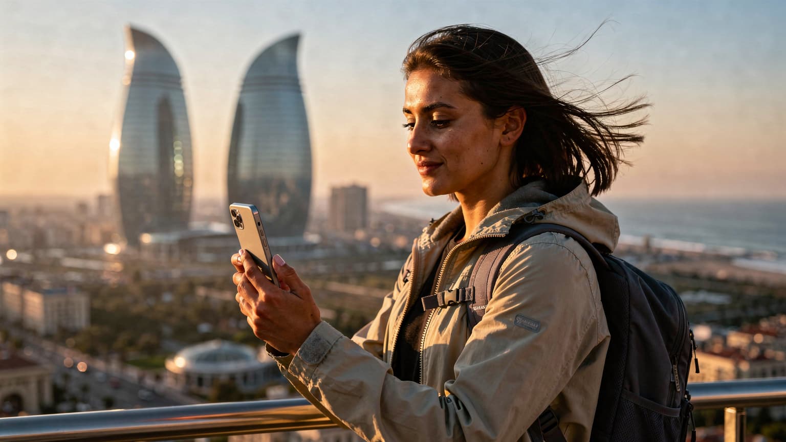 A solo traveler overlooking the modern skyline of Baku, Azerbaijan, with the Flame Towers in the background, subtly holding a smartphone, symbolizing seamless travel connectivity.