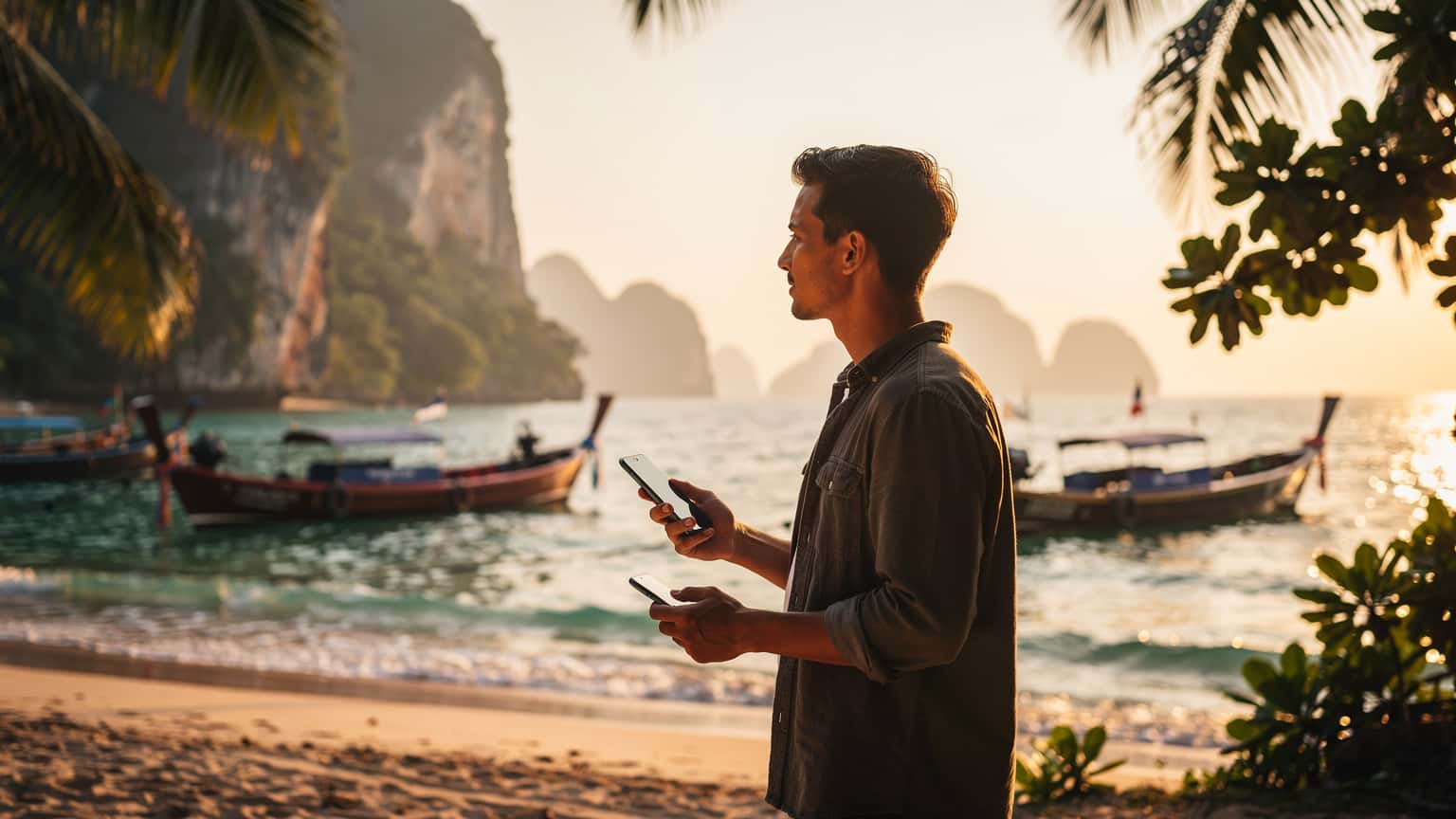 A traveler holding a smartphone on a beautiful Thai beach with longtail boats, bathed in golden hour natural light, conveying modern travel and connectivity.