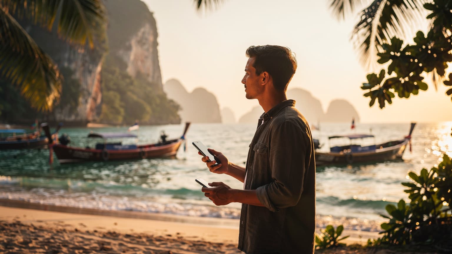 A traveler holding a smartphone on a beautiful Thai beach with longtail boats, bathed in golden hour natural light, conveying modern travel and connectivity.