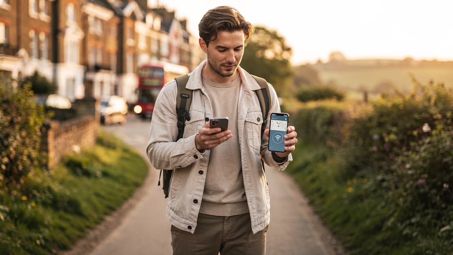 A person confidently using a smartphone in a scenic English location, symbolizing easy international data roaming with an eSIM.