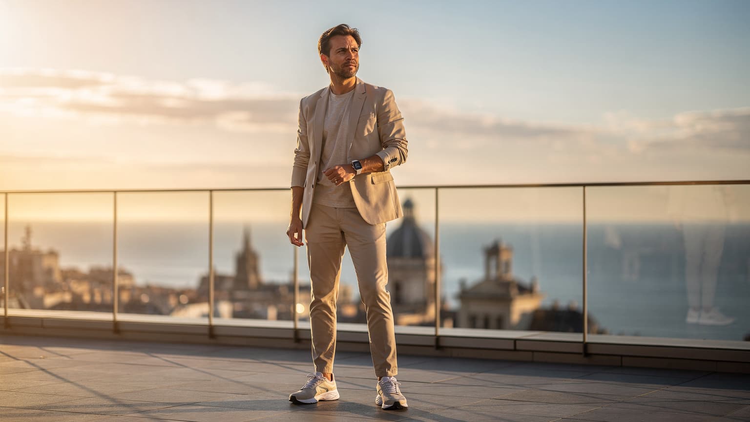 A modern traveler, seen from the waist up, stands on a scenic viewpoint overlooking a European city or natural landscape at sunset. They are wearing an Apple Watch on their wrist, which is clearly visible, conveying global connectivity and freedom of travel.
