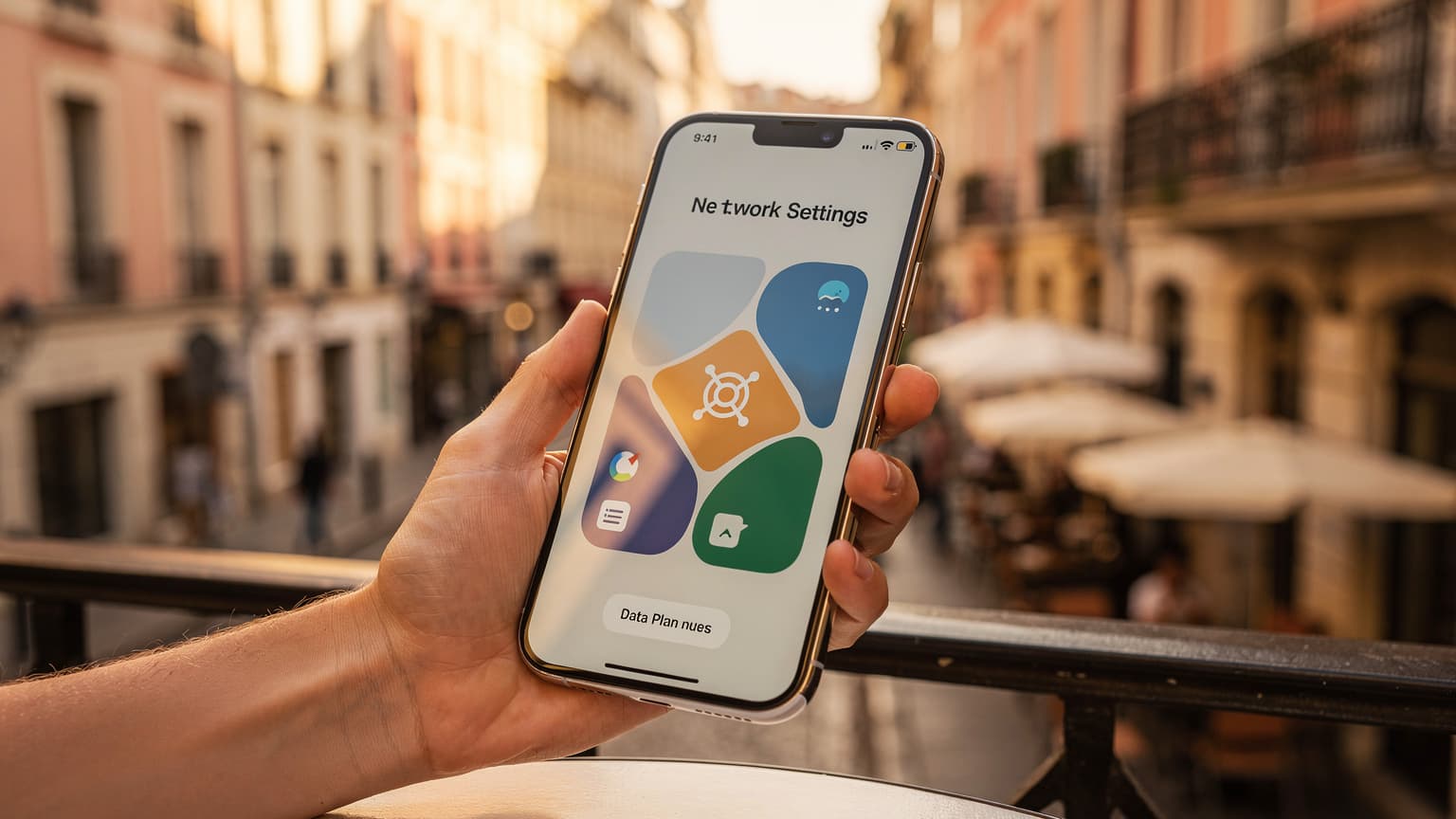 A person holding a modern iPhone 17 with a European city background, representing eSIM activation and travel savings.