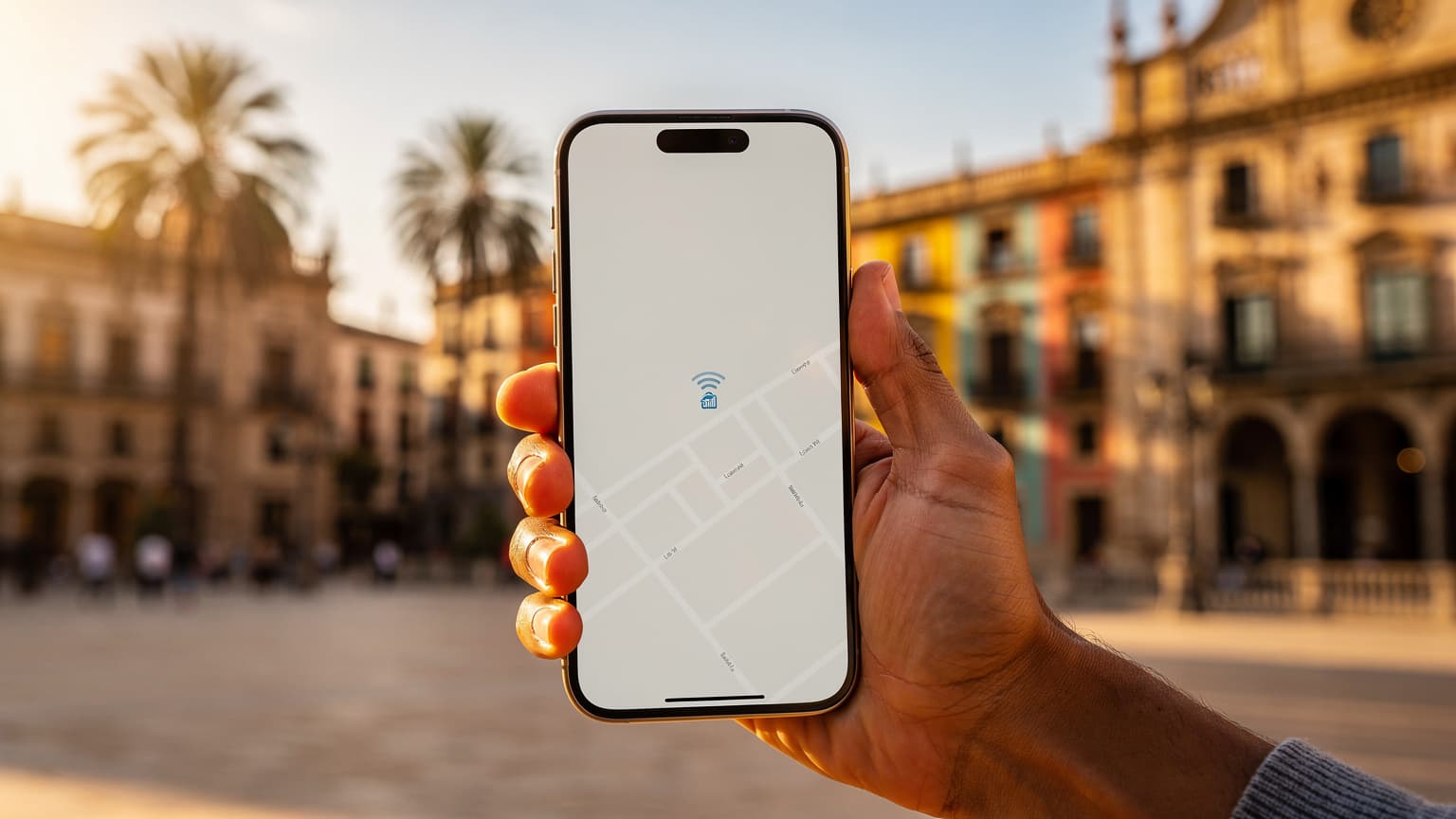 A person's hand holding an iPhone 14 Pro Max with a blurred, sunlit Spanish cityscape in the background, symbolizing mobile technology and international travel.
