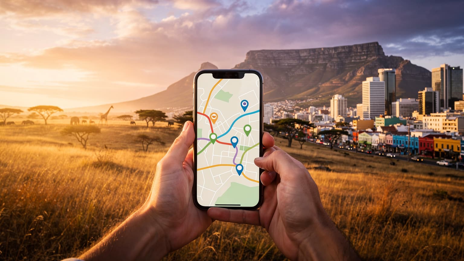 A cinematic, photorealistic image of a hand holding a smartphone in the foreground. In the background, a split scene of stunning South African landscapes: a golden savanna with a distant animal silhouette on one side, and the silhouette of Table Mountain overlooking Cape Town on the other. The image suggests travel, technology, and exploration in South Africa.
