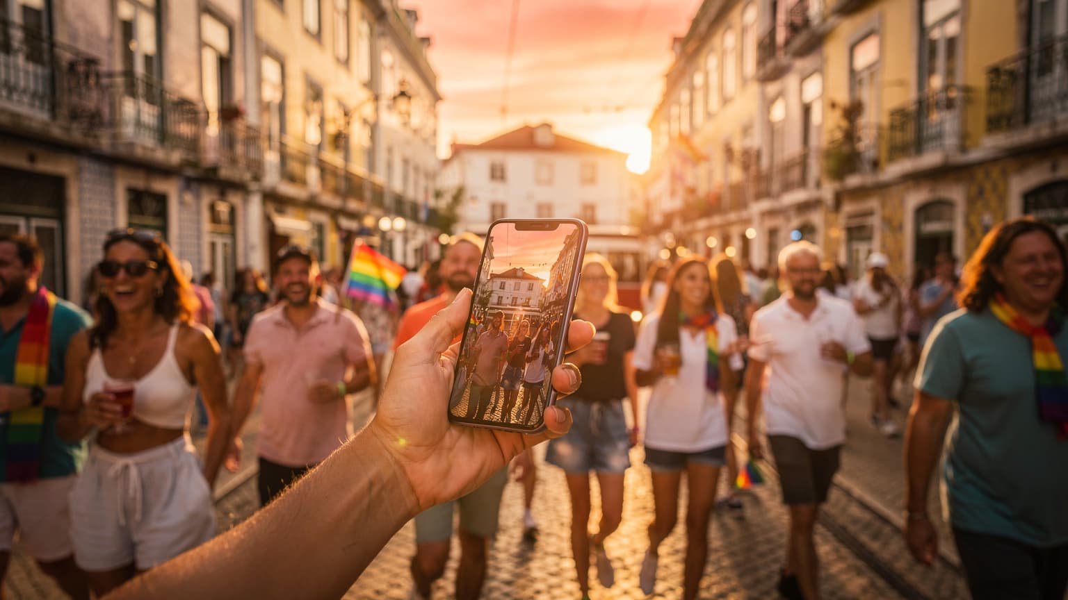 A vibrant, cinematic photo of a festive street in Lisbon during golden hour. Diverse people are enjoying the lively atmosphere, with subtle rainbow accents. A hand discreetly holds a modern smartphone, symbolizing essential connectivity. Iconic Lisbon architecture and cobblestone streets are in the background, bathed in warm, natural light.