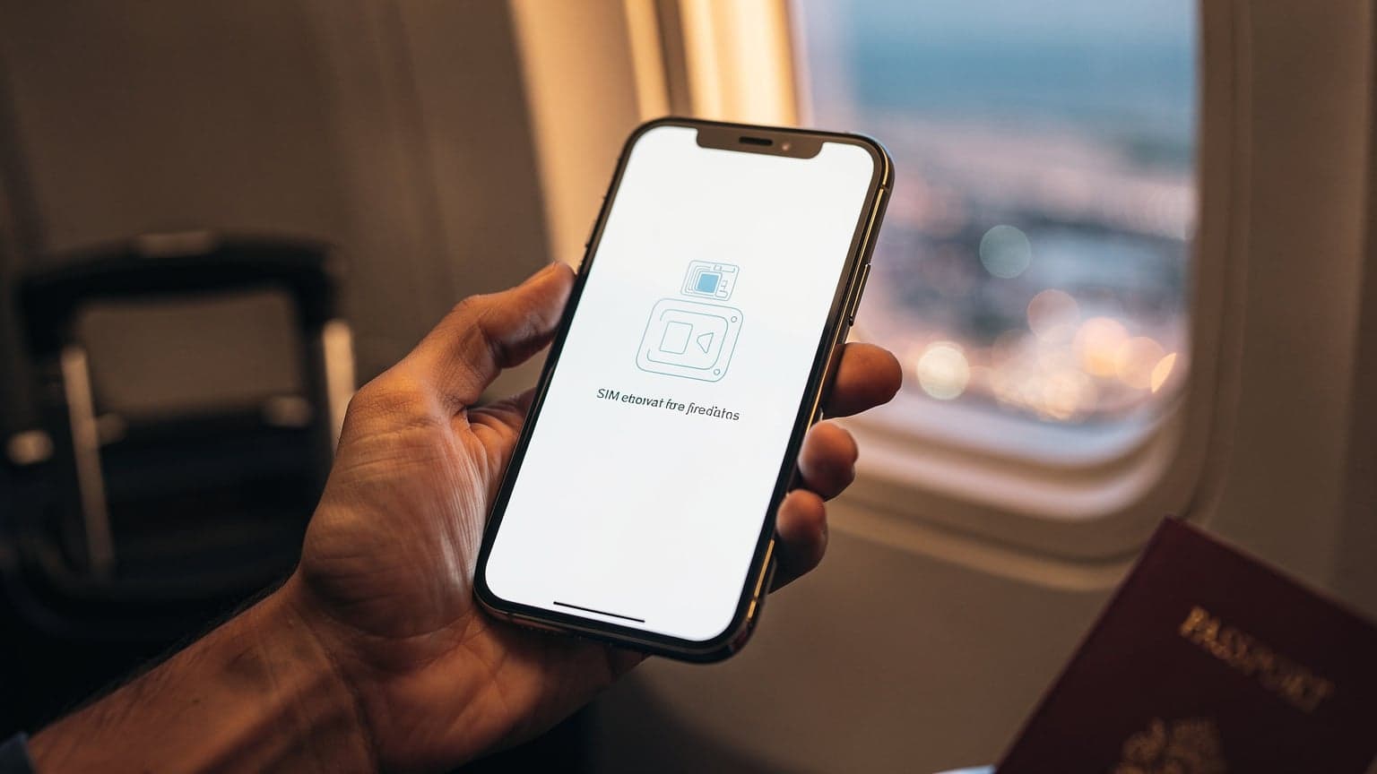 An iPhone showing an eSIM activation screen, held against a blurred background of a passport and international travel scenery.