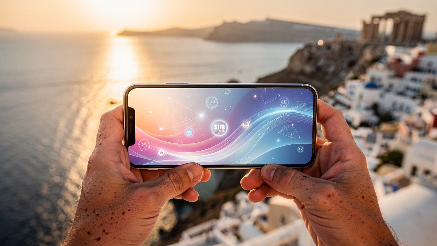 A close-up of hands holding a smartphone against a beautiful, sun-drenched Greek landscape, symbolizing modern tourist data connectivity and eSIM use.