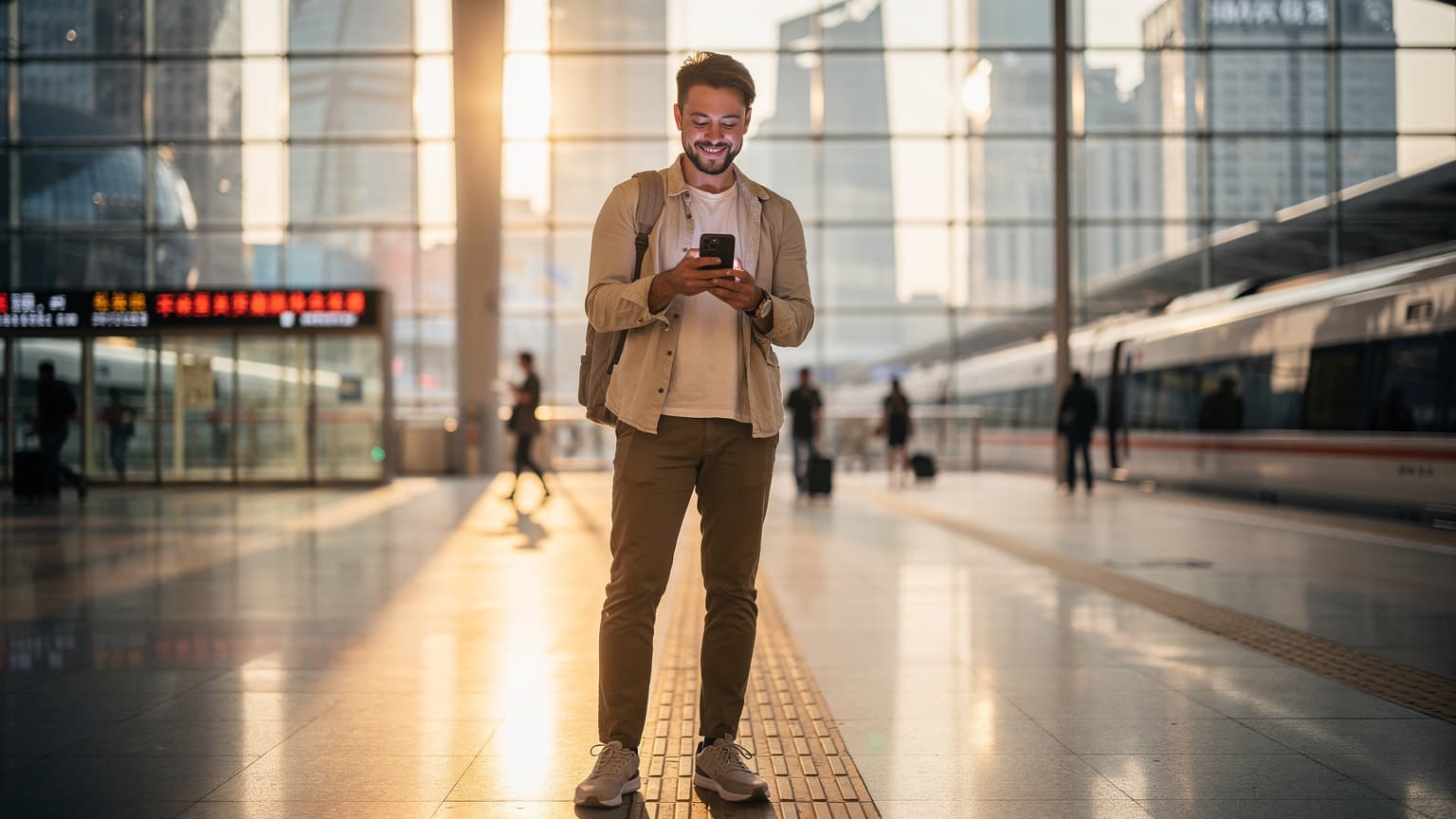 A modern traveler confidently using a smartphone in a futuristic Chinese city, representing easy eSIM setup and stable internet for overseas visitors.