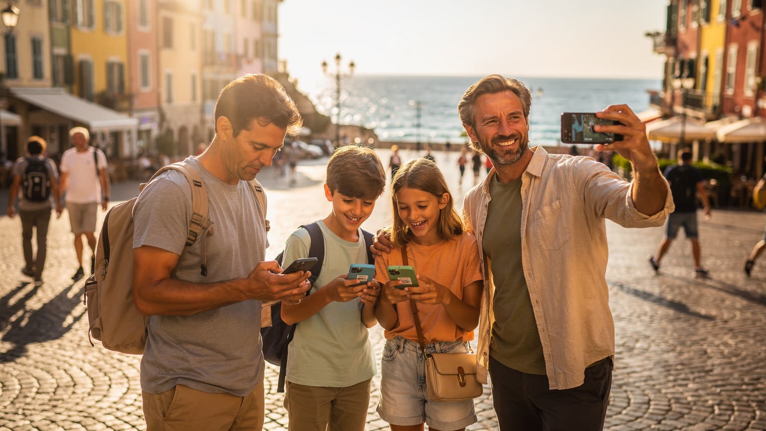 A modern family of four uses their iPhones happily in a sunlit European city, depicting seamless travel connectivity and data usage.