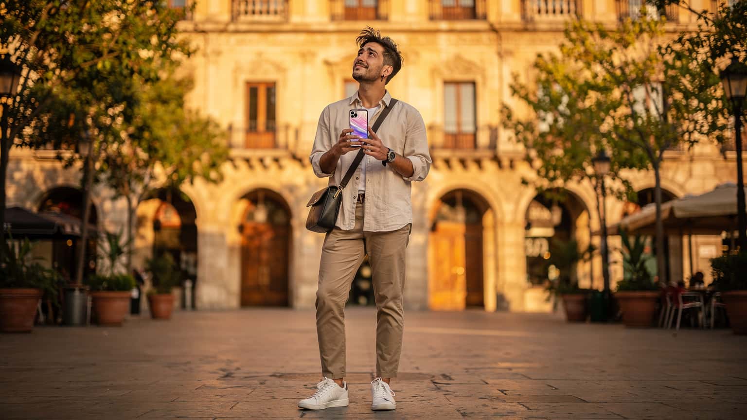 A young traveler in a sun-drenched Spanish city holding a smartphone, looking content and connected, with historic architecture in the background.