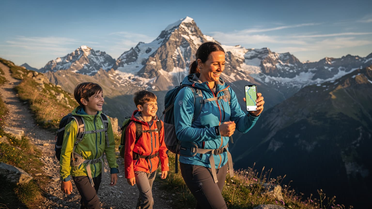 A family hiking in the Swiss Alps, featuring majestic mountains and a parent discreetly using a smartphone, symbolizing worry-free travel and connectivity.