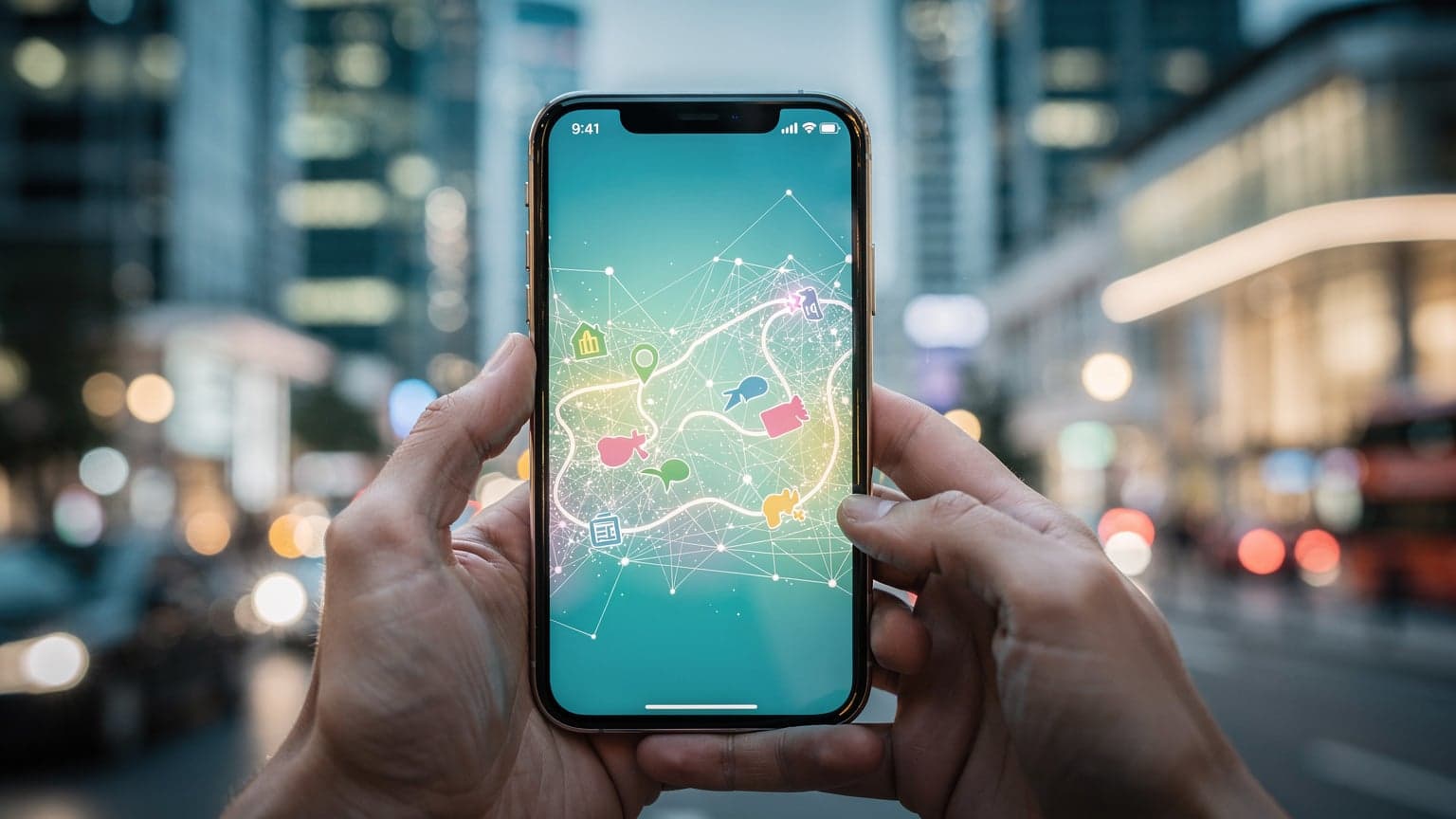 A close-up of an iPhone held by hands against a blurred, vibrant international cityscape, symbolizing global travel and easy data activation.
