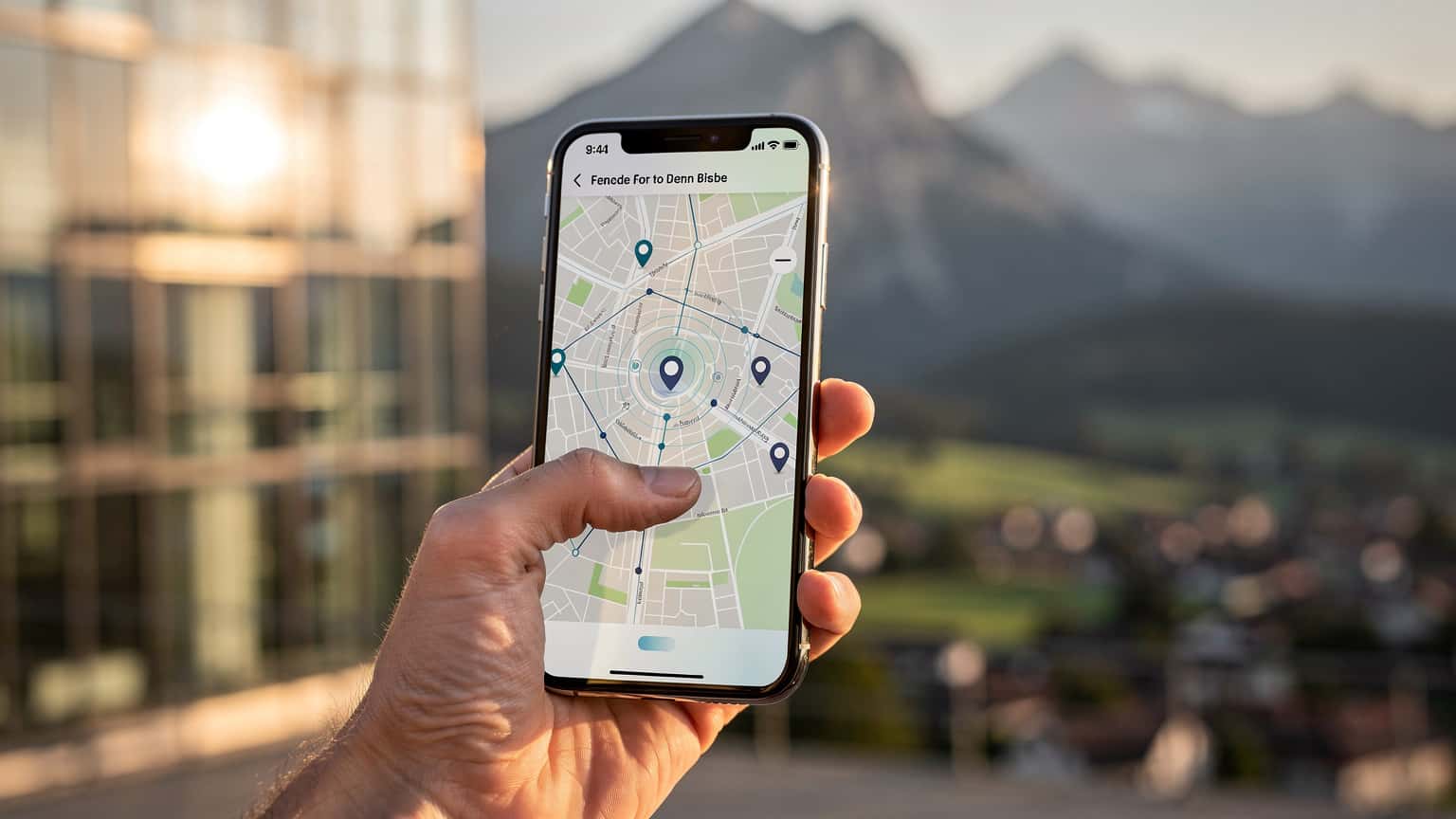 A hand holding a smartphone with a map display, set against a blurred background of a sunny German landmark or landscape, symbolizing easy and cost-effective data usage with eSIM while traveling in Germany.