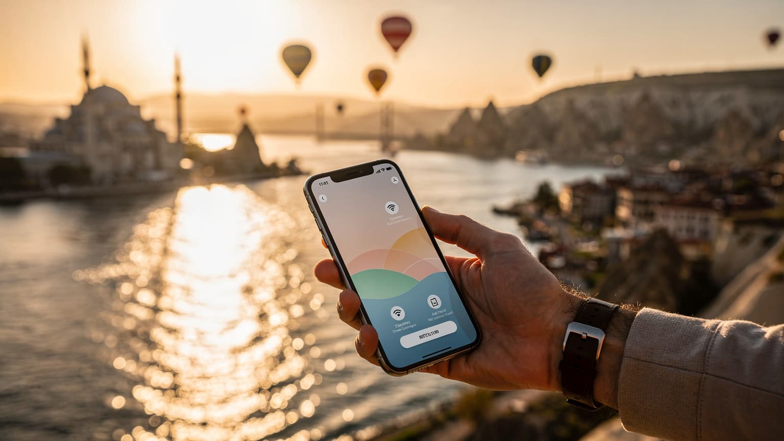 A cinematic shot of a hand holding a smartphone with a blurred Turkish landscape in the background, representing digital connectivity for travelers.