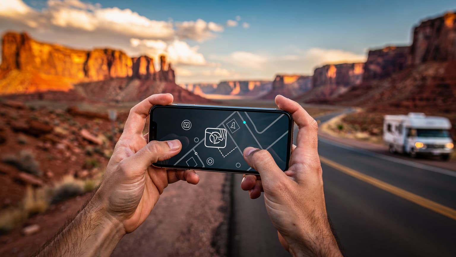 Hands holding a smartphone with a subtle map interface, set against a golden hour backdrop of a vast American desert highway and distant mountains, conveying modern travel and connectivity on a road trip.