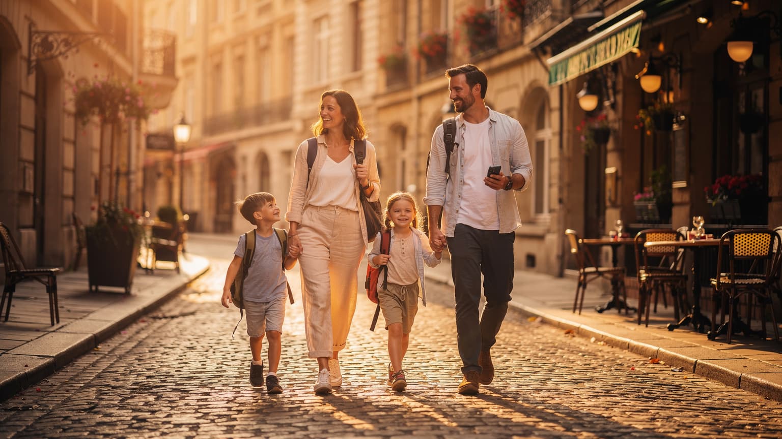A photorealistic image of a happy modern family, parents and two children, strolling down a charming European cobblestone street at sunset. One parent holds a sleek smartphone, conveying easy travel connectivity, with historic buildings in the background.