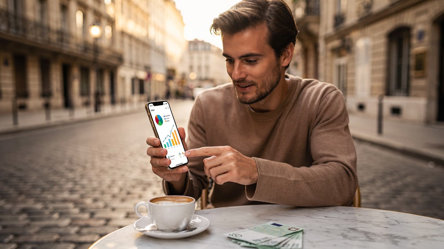A traveler at a European outdoor cafe intently reviews their smartphone, with a stack of Euro banknotes on the table, against a backdrop of historic architecture.