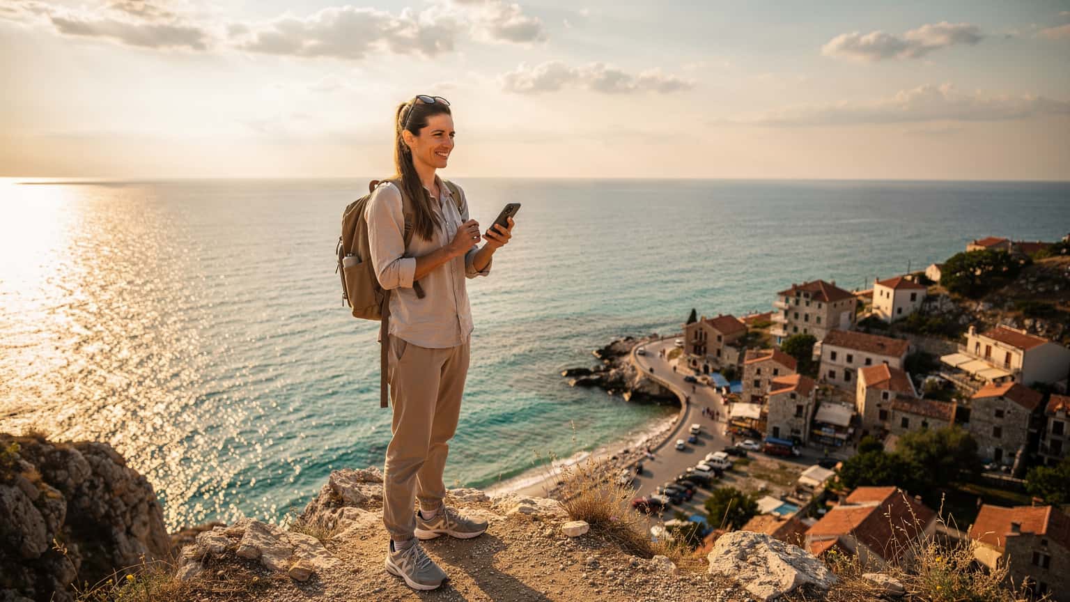 A person holding a smartphone on a picturesque Albanian coast, enjoying the view of the turquoise sea and a historic village, symbolizing easy and affordable mobile internet for travelers.
