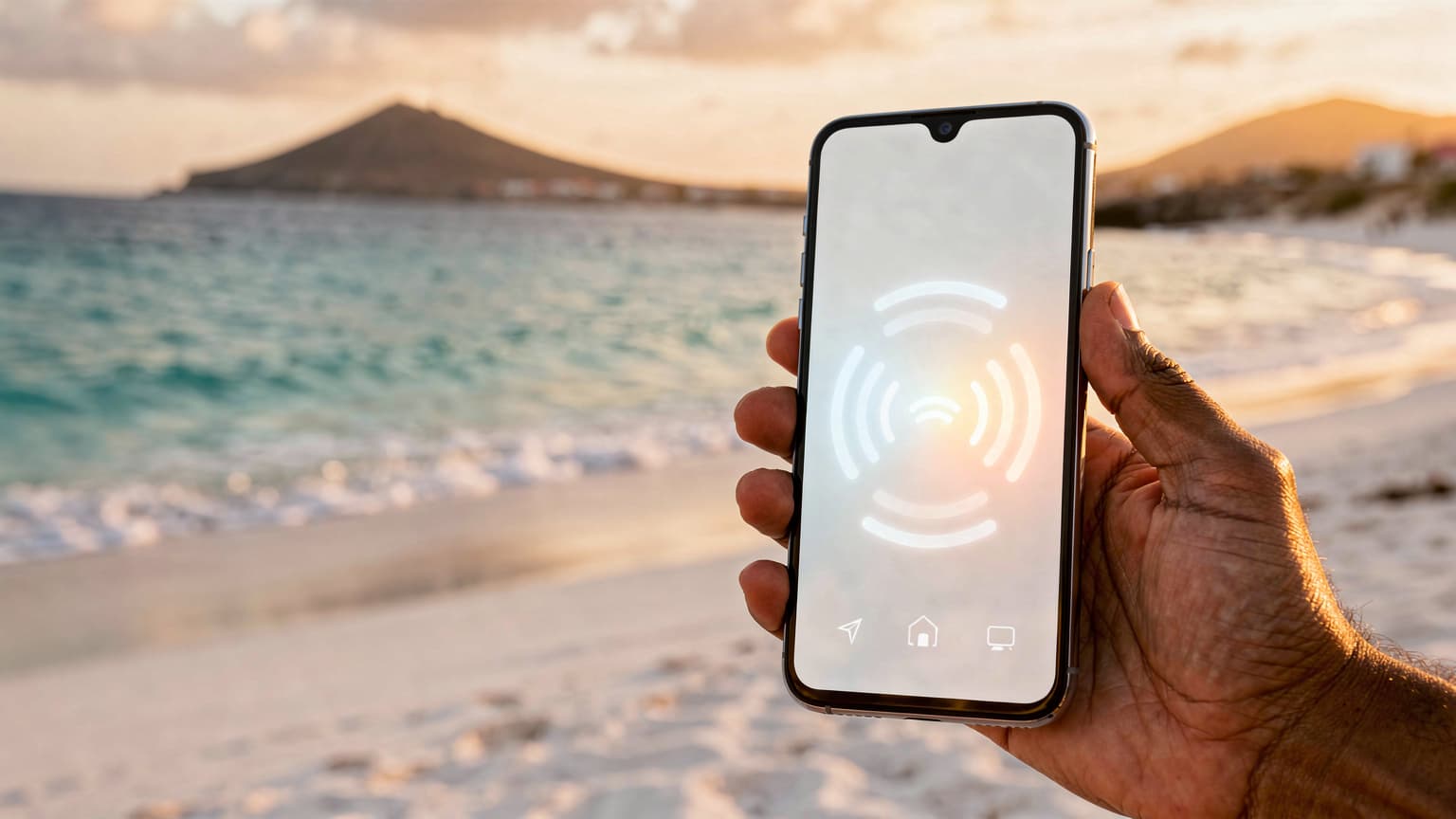 A smartphone held against a beautiful Cape Verdean beach at golden hour, symbolizing travel connectivity and digital freedom.