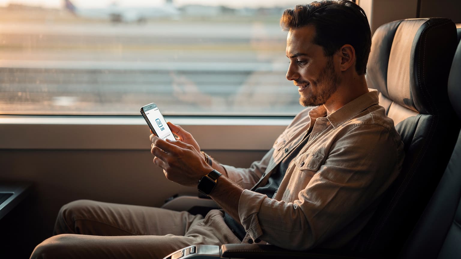A modern traveler using a smartphone to transfer an eSIM in a sunlit airport lounge or train.