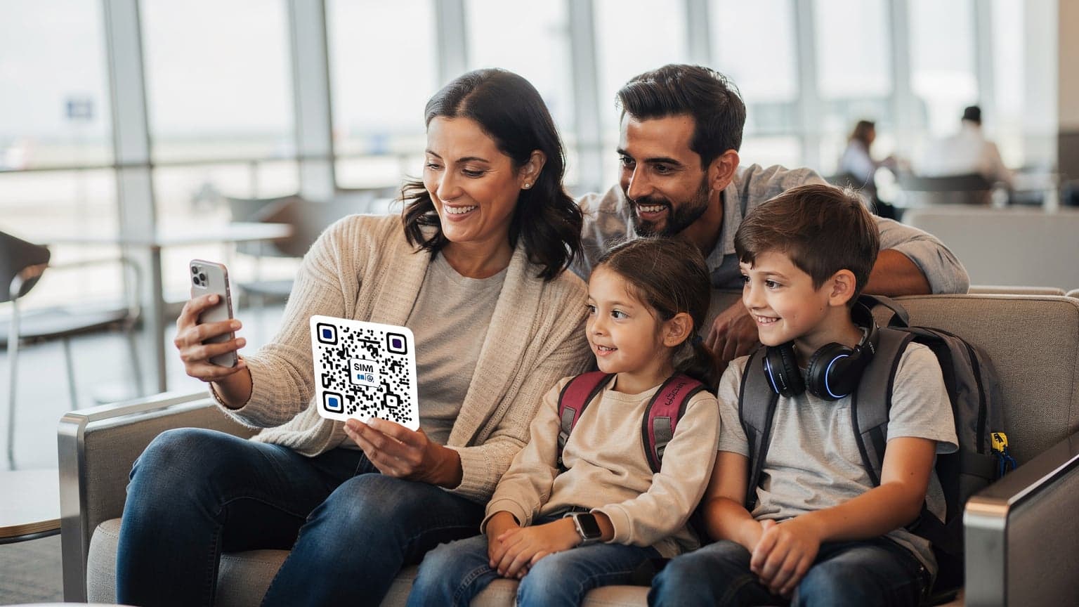 A diverse family in a modern airport lounge, looking relaxed and happy. A parent holds a smartphone displaying a generic QR code, representing easy eSIM activation for travel, while the family interacts warmly.