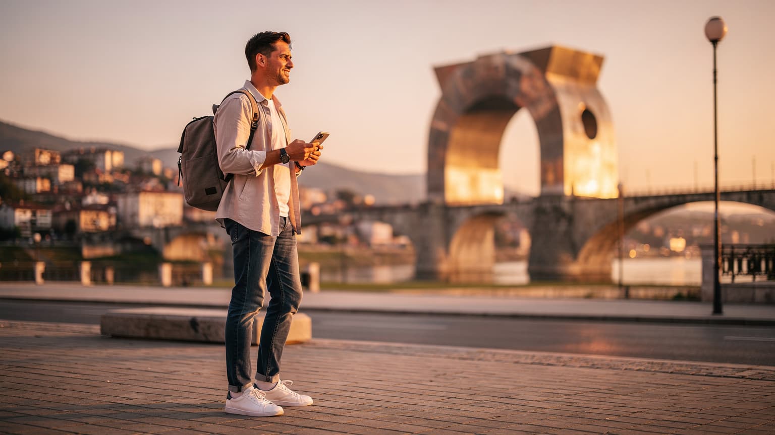 A traveler holding a smartphone in a scenic part of Pristina or Prizren, Kosovo, with a city landmark in the background, illustrating seamless digital connectivity for a travel and tech article.