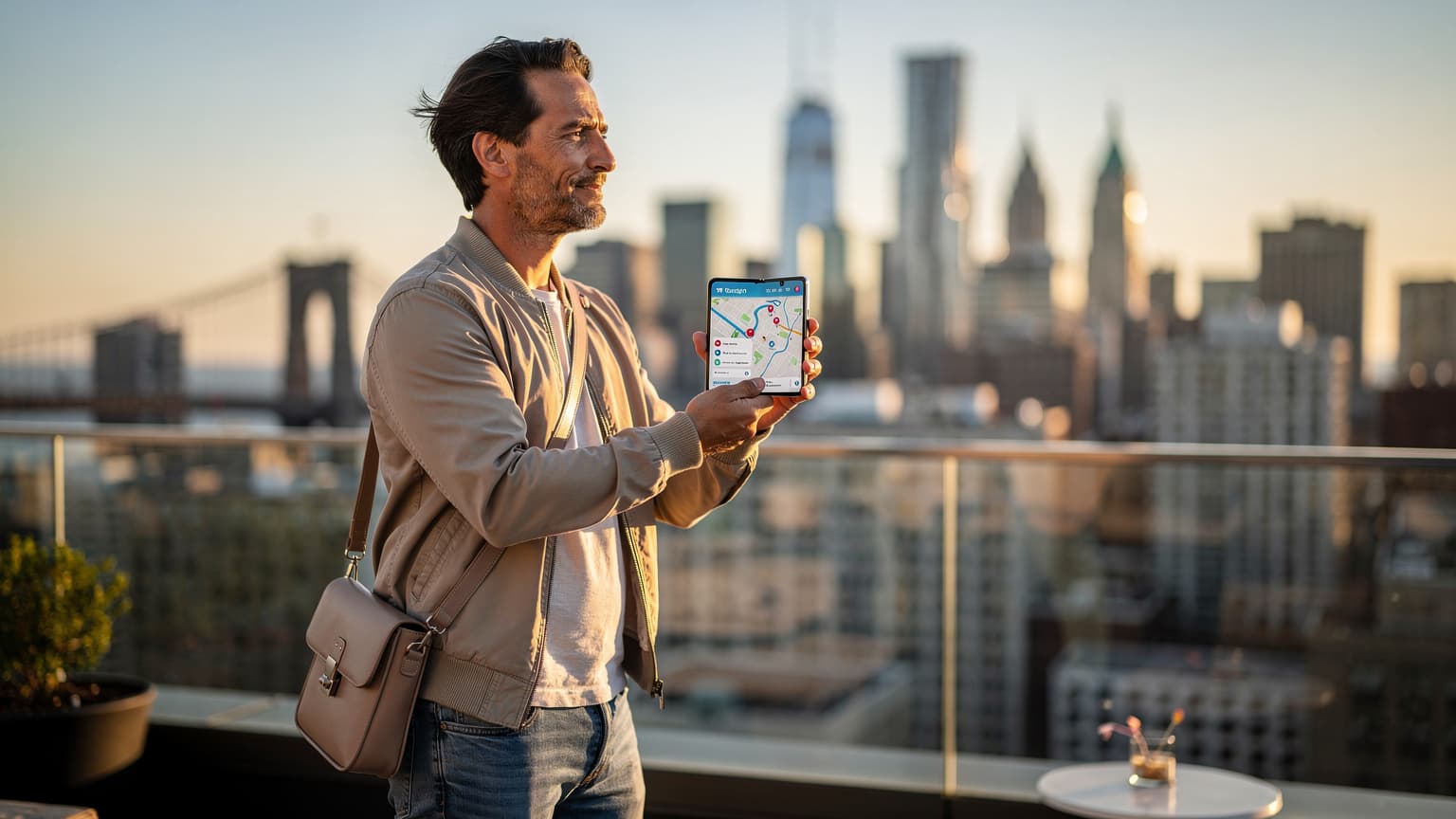 A person on a sun-drenched terrace holding an open Samsung Galaxy Z Fold5, overlooking a blurred iconic American city skyline, symbolizing effortless travel and seamless global connectivity with an eSIM.