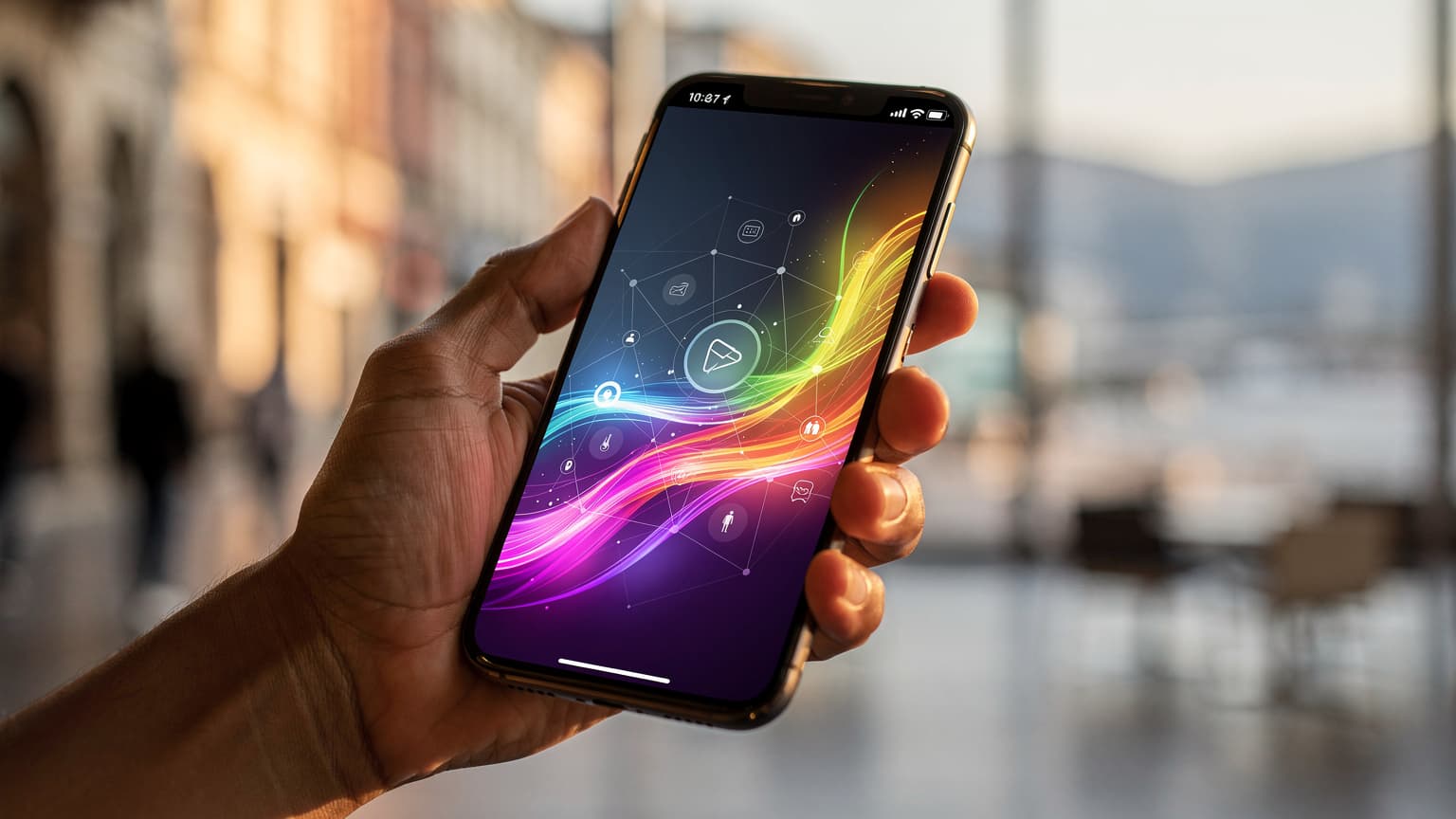 A cinematic, photorealistic image showing a hand holding a modern smartphone against a blurred background of a global travel destination, representing digital connectivity for an eSIM guide.
