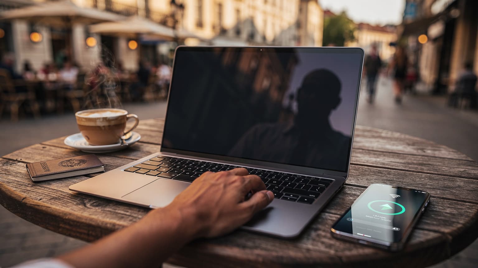 A modern laptop and smartphone on a wooden table at an outdoor cafe, with a blurred European cityscape in the background, bathed in golden hour light. The scene represents mobile data connectivity for travelers.