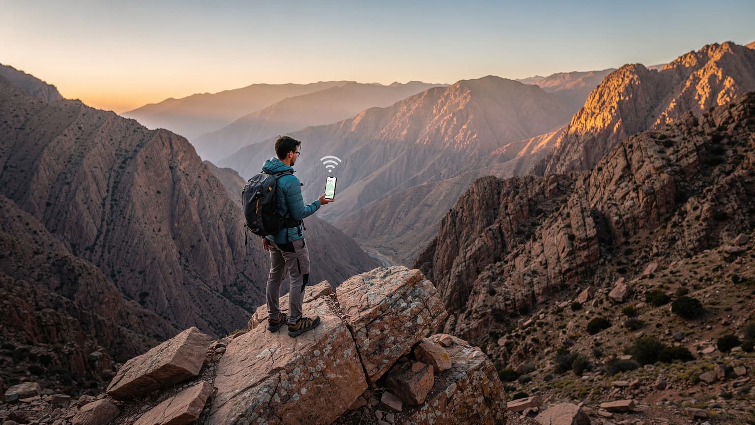 A lone traveler holding a smartphone on a rugged rock formation overlooking a vast, sunlit panorama of the High Atlas Mountains in Morocco, symbolizing the intersection of technology and remote travel.