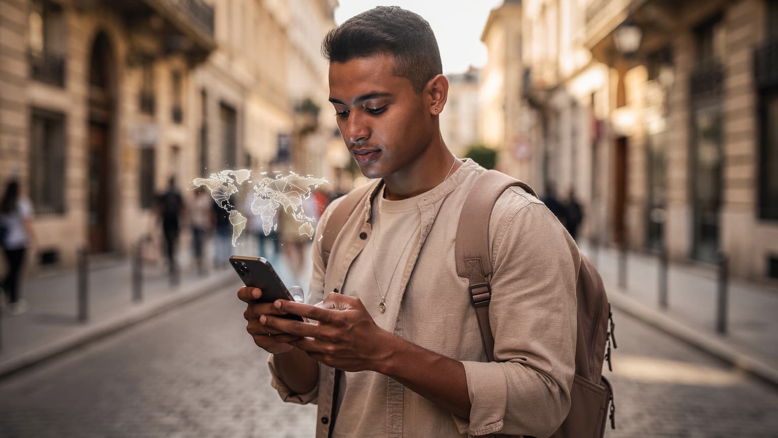 A person holding a smartphone against a blurred, sunlit backdrop of a foreign city, symbolizing modern travel and mobile connectivity choices like eSIMs.